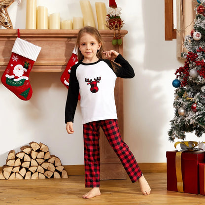 Christmas Pajamas Family Matching 2 Piece Pjs Sets for Kids Girls Boys Deer Long Sleeve Top & Plaid Pants with Socks Holiday Sleepwear, Black/White, 4-5 Years
