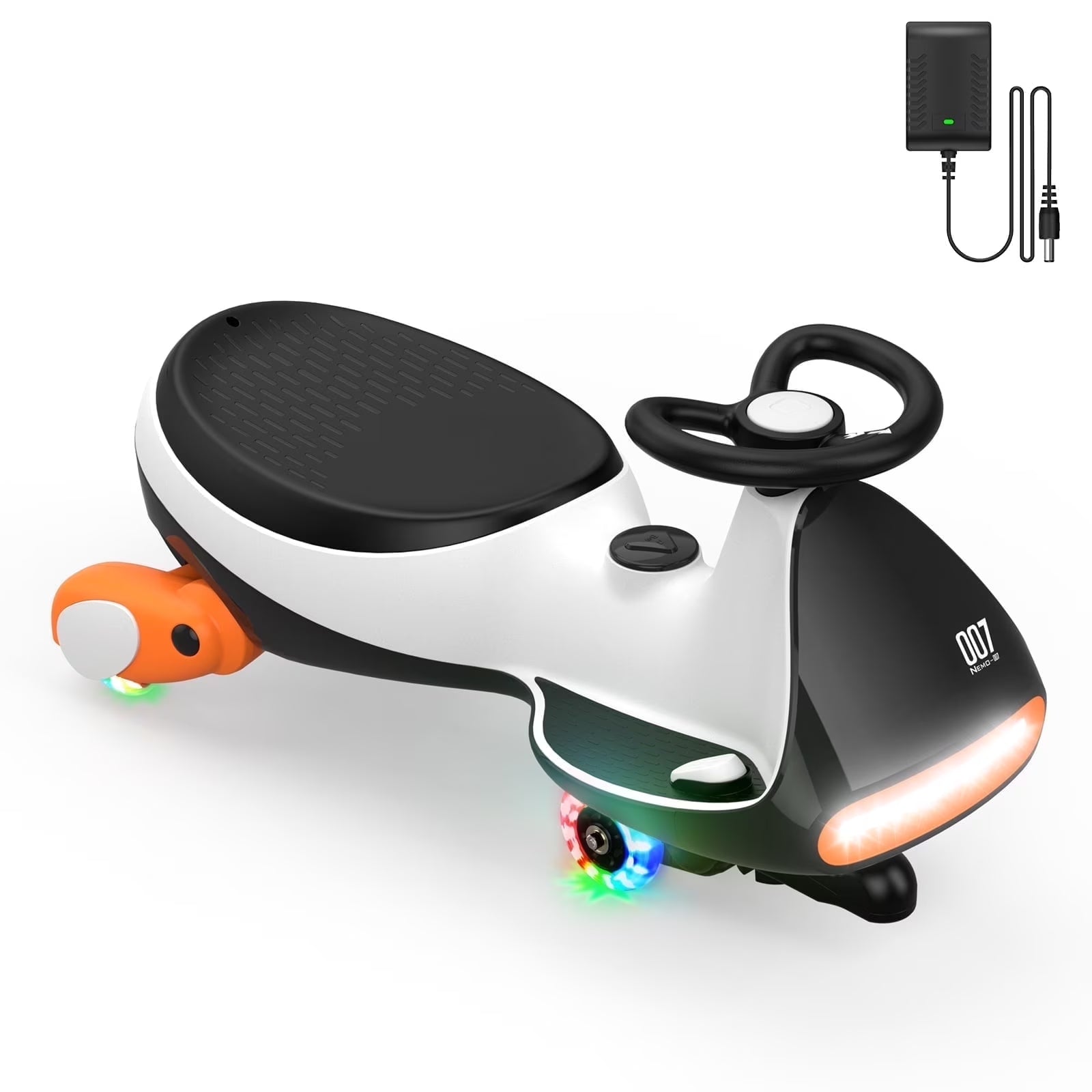 12V N7 Pro Electric Wiggle Car with Pedal, 2-In-1 Kids Ride on Toy, Rechargeable Battery, 2-Speed, Anti-Rollover, Flashing Wheels, Bluetooth Music, for Ages 3+, 150 Lbs, Penguin Black