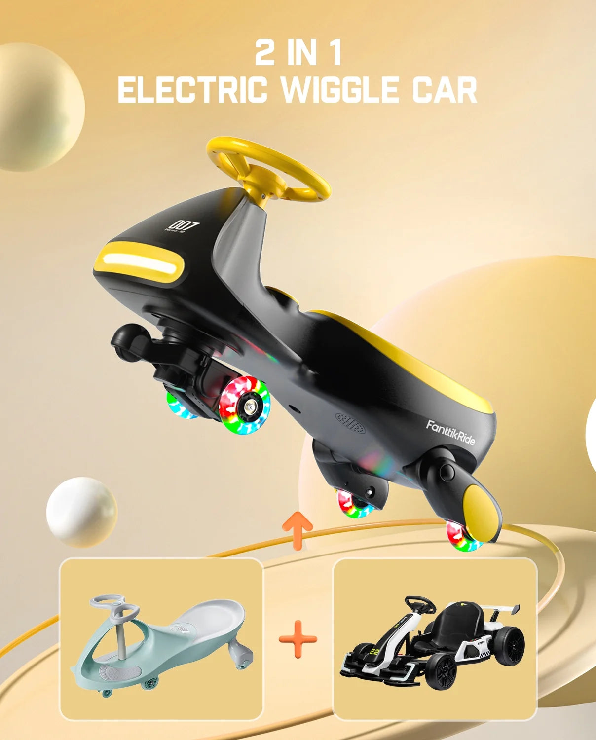 6V N7 Classic Electric Wiggle Car with Pedal, Rechargeable Battery, Cyberwiggle, 2 in 1 Swing Car, 2 Speed, Anti-Rollover, Flashing Wheels, Bluetooth, for Ages 3 and Up, 150 Lbs, Yellow