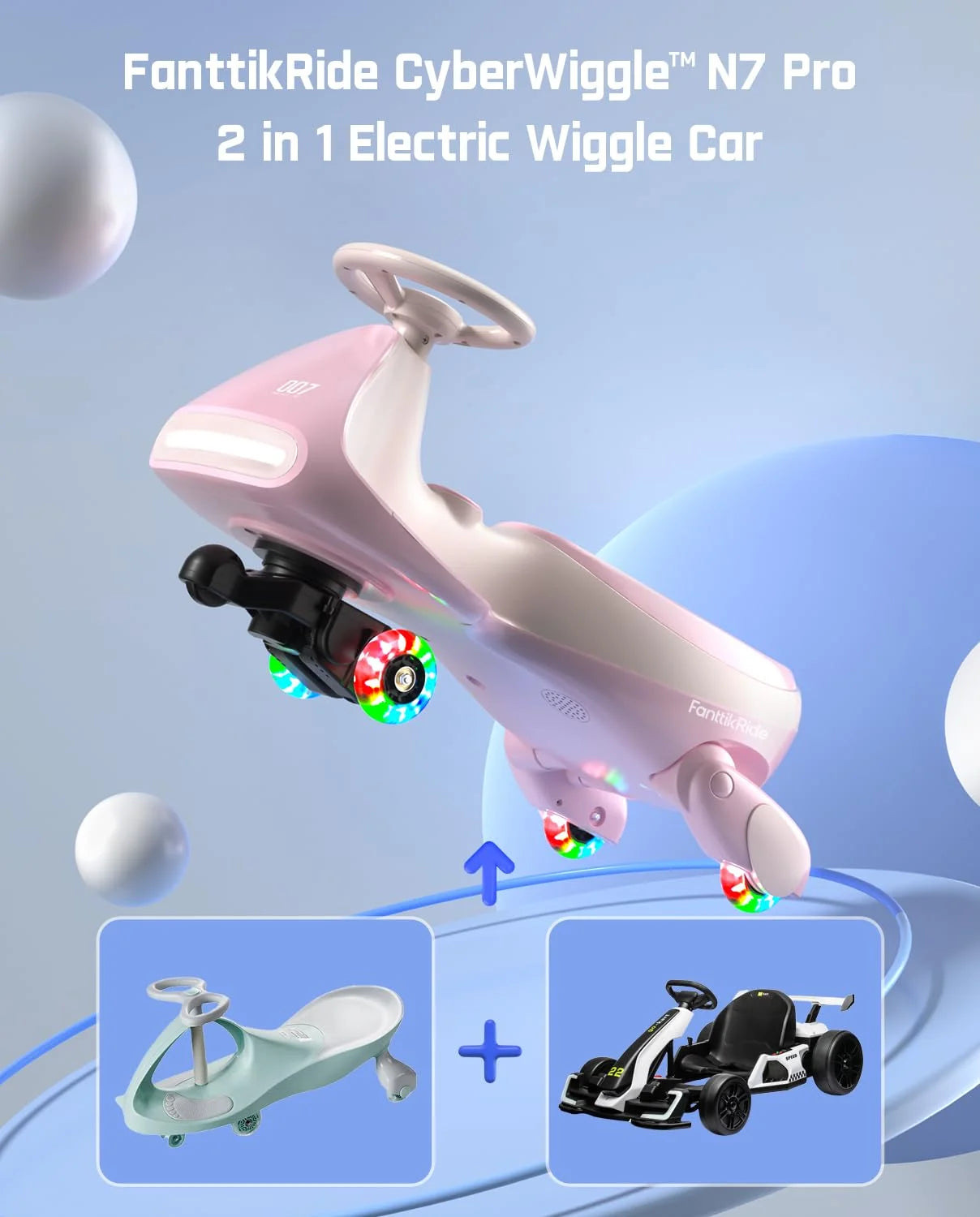 Electric Wiggle Car with Pedal, Rechargeable Battery, Cyberwiggle, 2 in 1 Swing Car, 2 Speed, Anti-Rollover, Flashing Wheels, Bluetooth, for Ages 3 and Up, 150 Lbs,Pinkish White