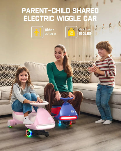 Electric Wiggle Car with Pedal, Rechargeable Battery, Cyberwiggle, 2 in 1 Swing Car, 2 Speed, Anti-Rollover, Flashing Wheels, Bluetooth, for Ages 3 and Up, 150 Lbs,Pinkish White
