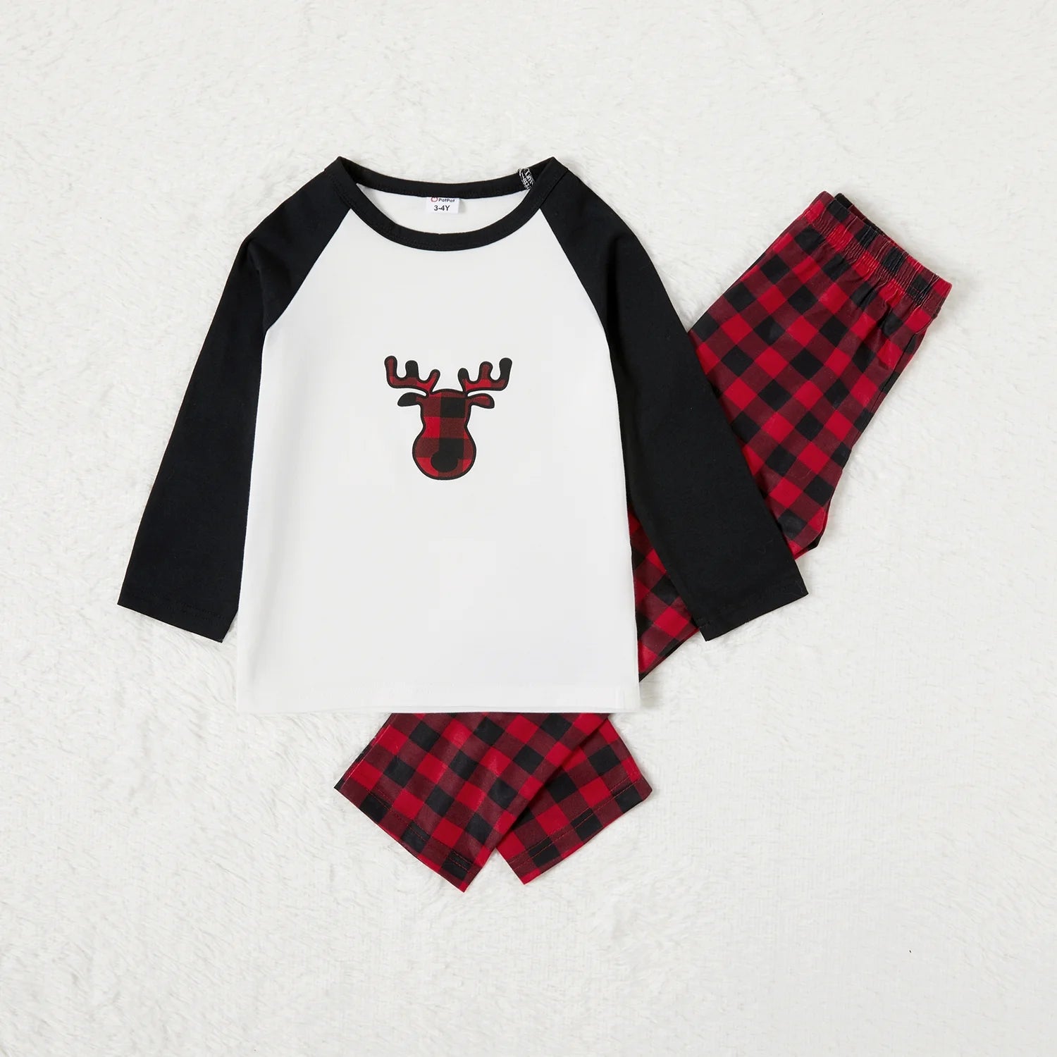Christmas Pajamas Family Matching 2 Piece Pjs Sets for Kids Girls Boys Deer Long Sleeve Top & Plaid Pants with Socks Holiday Sleepwear, Black/White, 4-5 Years