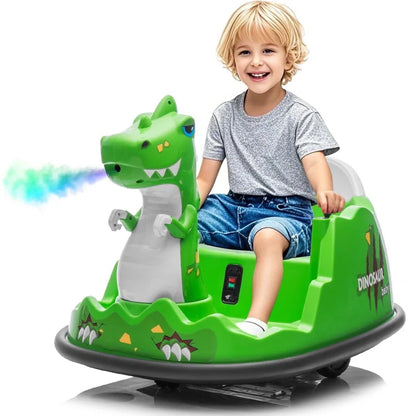 12V Electric Dinosaur Bumper Car for Kids, Spray, 360-Degree Spin, Remote Control, Music, Ride on Toy for Toddlers