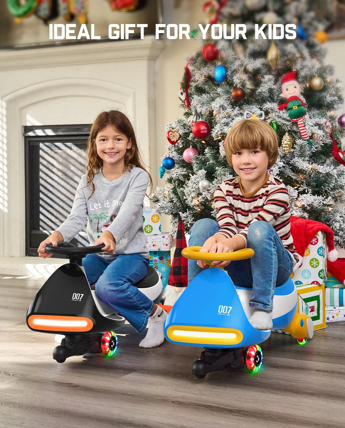 12V N7 Pro Electric Wiggle Car with Pedal, 2-In-1 Kids Ride on Toy, Rechargeable Battery, 2-Speed, Anti-Rollover, Flashing Wheels, Bluetooth Music, for Ages 3+, 150 Lbs, Penguin Black