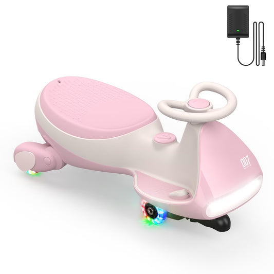 Electric Wiggle Car with Pedal, Rechargeable Battery, Cyberwiggle, 2 in 1 Swing Car, 2 Speed, Anti-Rollover, Flashing Wheels, Bluetooth, for Ages 3 and Up, 150 Lbs,Pinkish White