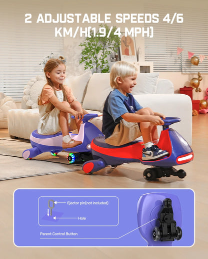 12V N7 Pro Electric Wiggle Car with Pedal, 2-In-1 Kids Ride on Toy, Rechargeable Battery, 2-Speed, Anti-Rollover, Flashing Wheels, Bluetooth Music, for Ages 3+, 150 Lbs, Pink