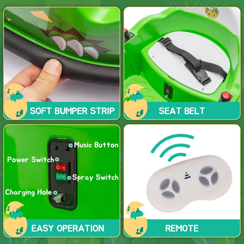 12V Electric Dinosaur Bumper Car for Kids, Spray, 360-Degree Spin, Remote Control, Music, Ride on Toy for Toddlers