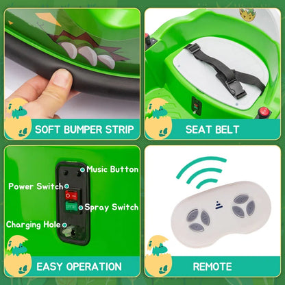 12V Electric Dinosaur Bumper Car for Kids, Spray, 360-Degree Spin, Remote Control, Music, Ride on Toy for Toddlers