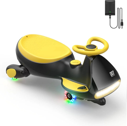 6V N7 Classic Electric Wiggle Car with Pedal, Rechargeable Battery, Cyberwiggle, 2 in 1 Swing Car, 2 Speed, Anti-Rollover, Flashing Wheels, Bluetooth, for Ages 3 and Up, 150 Lbs, Yellow