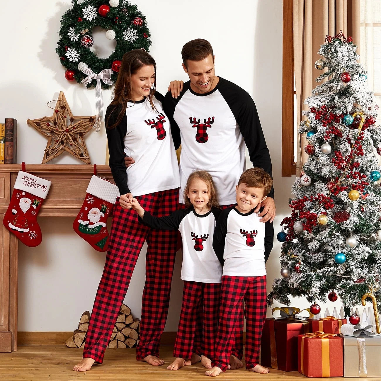 Christmas Pajamas Family Matching 2 Piece Pjs Sets for Kids Girls Boys Deer Long Sleeve Top & Plaid Pants with Socks Holiday Sleepwear, Black/White, 4-5 Years