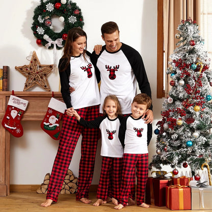 Christmas Pajamas Family Matching 2 Piece Pjs Sets for Kids Girls Boys Deer Long Sleeve Top & Plaid Pants with Socks Holiday Sleepwear, Black/White, 4-5 Years