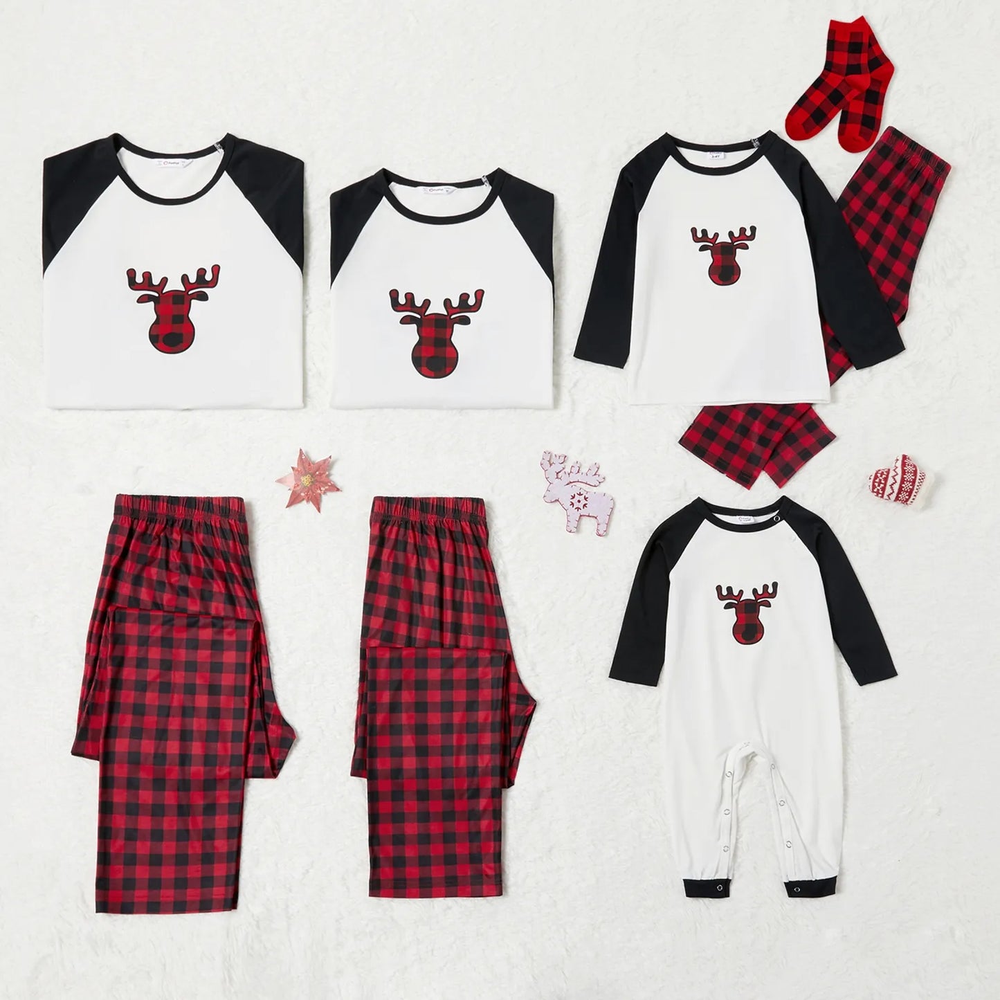Christmas Pajamas Family Matching 2 Piece Pjs Sets for Kids Girls Boys Deer Long Sleeve Top & Plaid Pants with Socks Holiday Sleepwear, Black/White, 4-5 Years