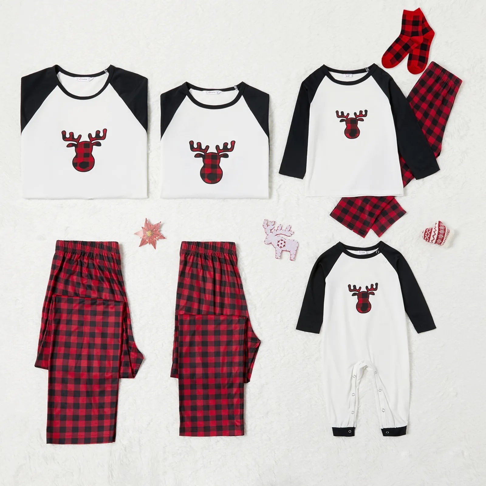 Christmas Pajamas Family Matching 2 Piece Pjs Sets for Kids Girls Boys Deer Long Sleeve Top & Plaid Pants with Socks Holiday Sleepwear, Black/White, 4-5 Years