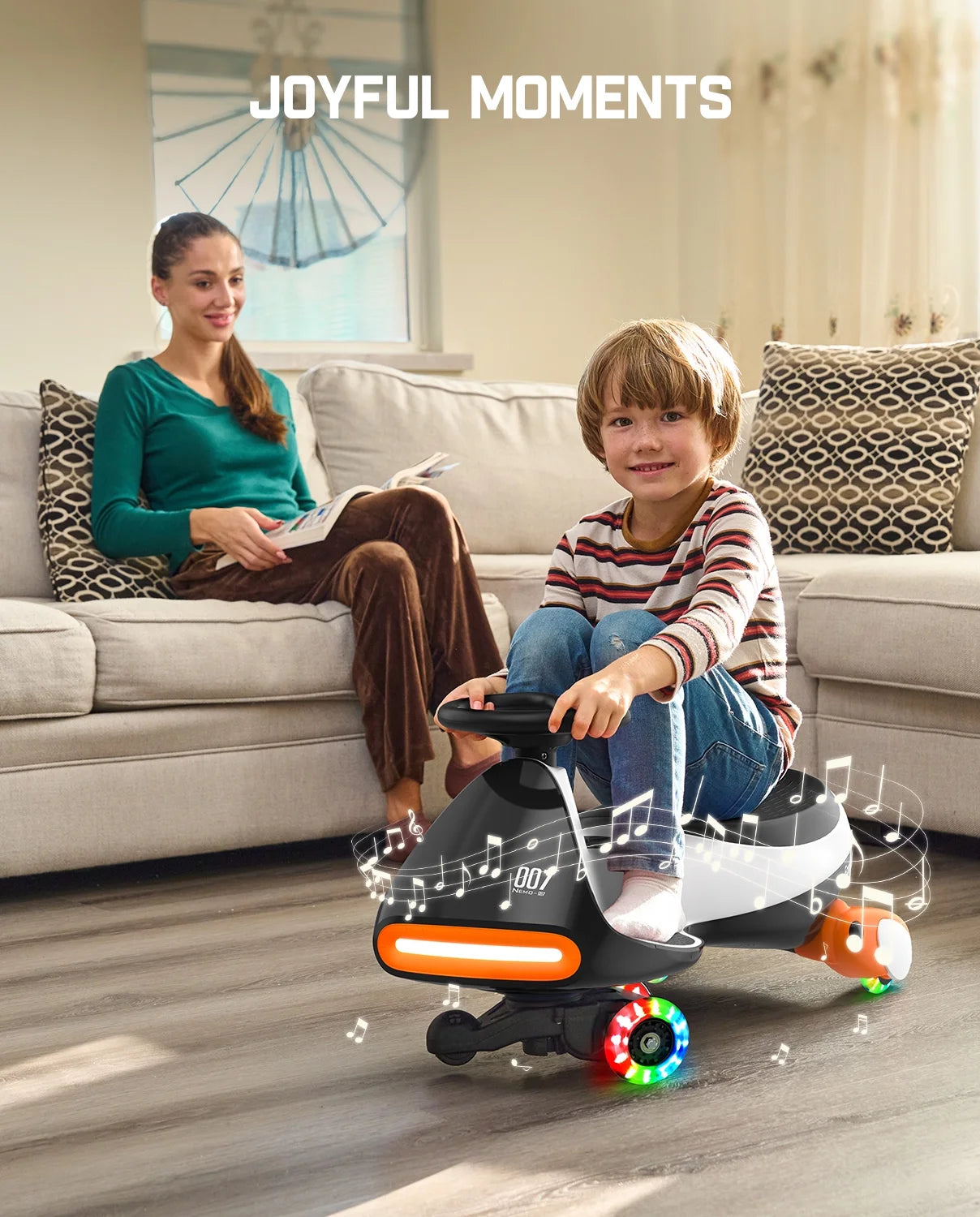 12V N7 Pro Electric Wiggle Car with Pedal, 2-In-1 Kids Ride on Toy, Rechargeable Battery, 2-Speed, Anti-Rollover, Flashing Wheels, Bluetooth Music, for Ages 3+, 150 Lbs, Penguin Black