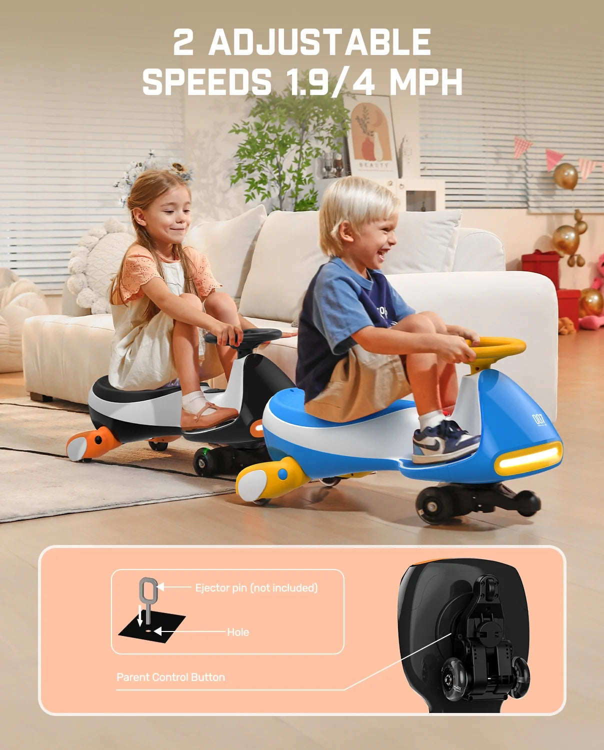12V N7 Pro Electric Wiggle Car with Pedal, 2-In-1 Kids Ride on Toy, Rechargeable Battery, 2-Speed, Anti-Rollover, Flashing Wheels, Bluetooth Music, for Ages 3+, 150 Lbs, Penguin Black