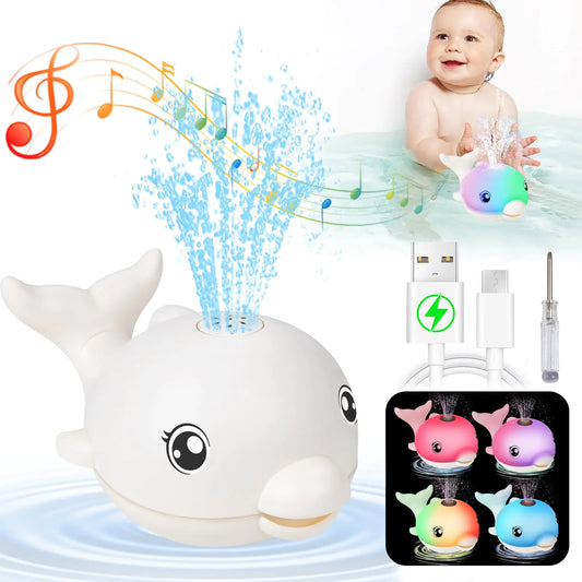 2024 Upgraded Bath Toys Rechargeable Baby Bath Toys Dolphin Spray Water Light Up Musical Toys 6-12 12-18 Months Sprinkler Water Pool Bathtub Toys for Toddlers 1-3 2-4 Boys Girls Infant Kids - White