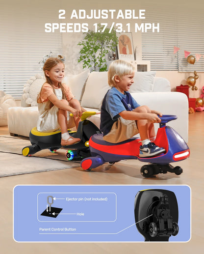 6V N7 Classic Electric Wiggle Car with Pedal, Rechargeable Battery, Cyberwiggle, 2 in 1 Swing Car, 2 Speed, Anti-Rollover, Flashing Wheels, Bluetooth, for Ages 3 and Up, 150 Lbs, Yellow