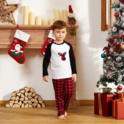Christmas Pajamas Family Matching 2 Piece Pjs Sets for Kids Girls Boys Deer Long Sleeve Top & Plaid Pants with Socks Holiday Sleepwear, Black/White, 4-5 Years