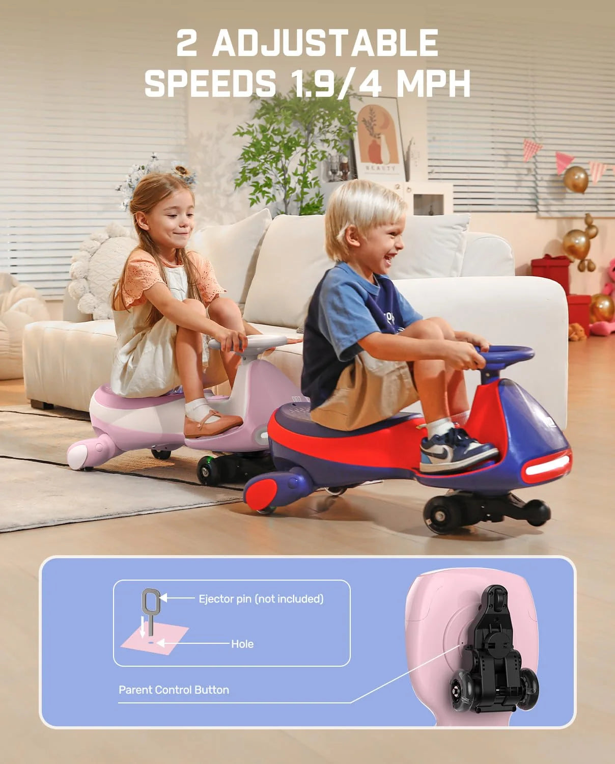 Electric Wiggle Car with Pedal, Rechargeable Battery, Cyberwiggle, 2 in 1 Swing Car, 2 Speed, Anti-Rollover, Flashing Wheels, Bluetooth, for Ages 3 and Up, 150 Lbs,Pinkish White