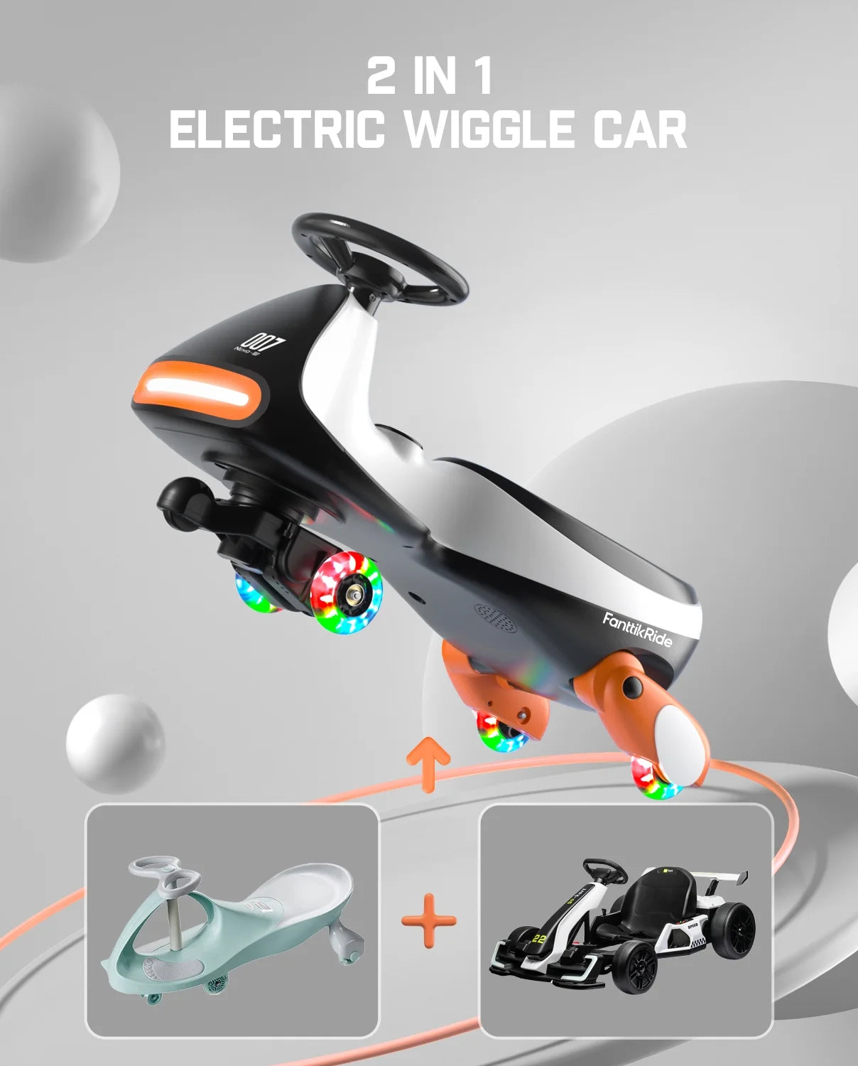 12V N7 Pro Electric Wiggle Car with Pedal, 2-In-1 Kids Ride on Toy, Rechargeable Battery, 2-Speed, Anti-Rollover, Flashing Wheels, Bluetooth Music, for Ages 3+, 150 Lbs, Penguin Black