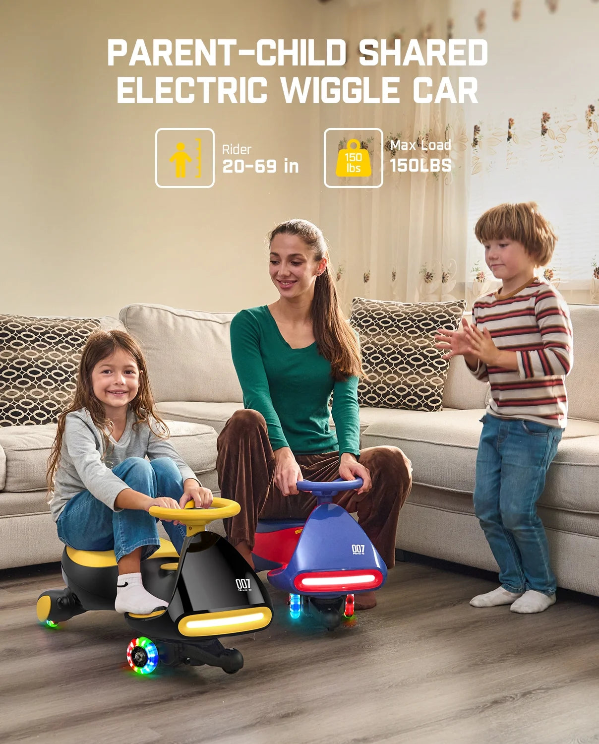 6V N7 Classic Electric Wiggle Car with Pedal, Rechargeable Battery, Cyberwiggle, 2 in 1 Swing Car, 2 Speed, Anti-Rollover, Flashing Wheels, Bluetooth, for Ages 3 and Up, 150 Lbs, Yellow