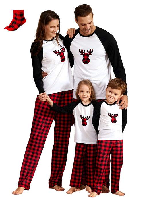 Christmas Pajamas Family Matching 2 Piece Pjs Sets for Kids Girls Boys Deer Long Sleeve Top & Plaid Pants with Socks Holiday Sleepwear, Black/White, 4-5 Years