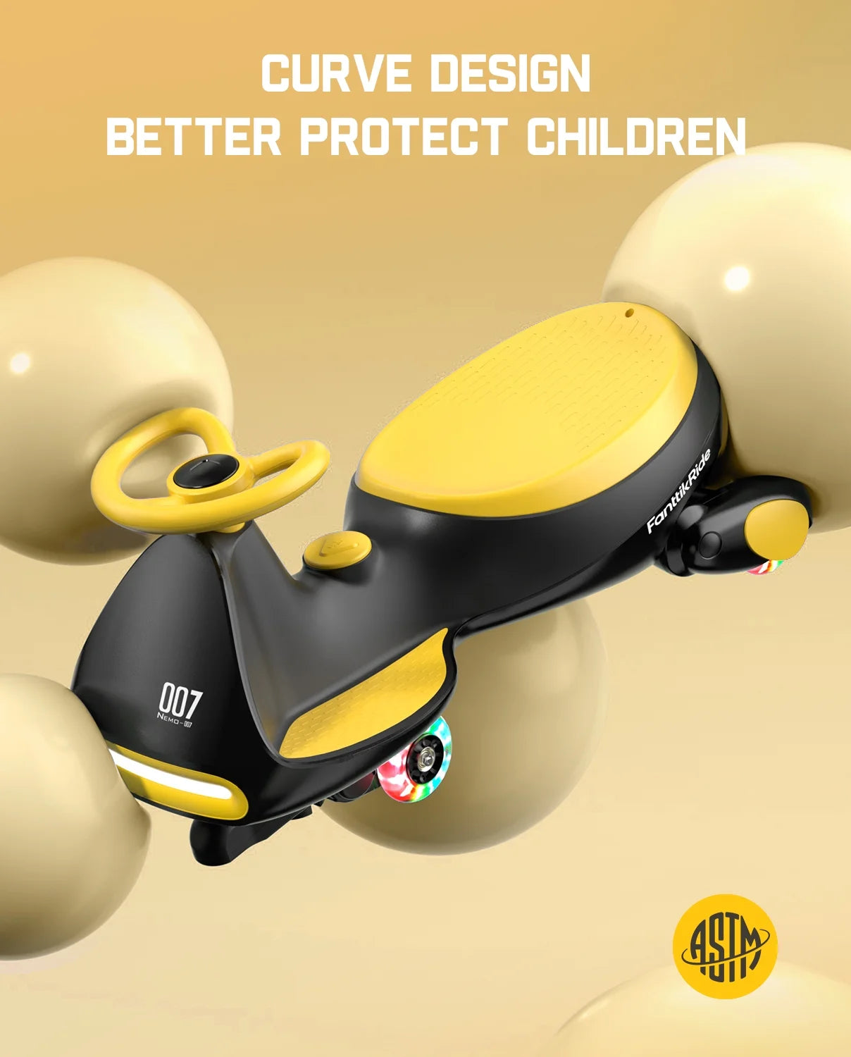 6V N7 Classic Electric Wiggle Car with Pedal, Rechargeable Battery, Cyberwiggle, 2 in 1 Swing Car, 2 Speed, Anti-Rollover, Flashing Wheels, Bluetooth, for Ages 3 and Up, 150 Lbs, Yellow