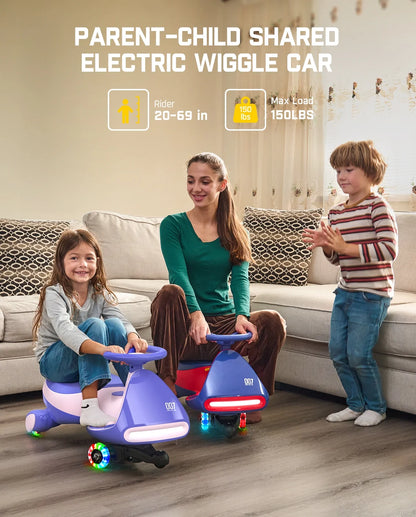12V N7 Pro Electric Wiggle Car with Pedal, 2-In-1 Kids Ride on Toy, Rechargeable Battery, 2-Speed, Anti-Rollover, Flashing Wheels, Bluetooth Music, for Ages 3+, 150 Lbs, Pink
