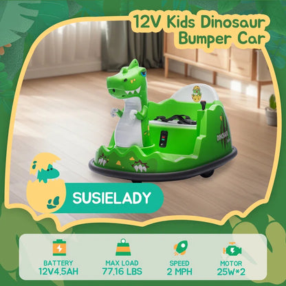 12V Electric Dinosaur Bumper Car for Kids, Spray, 360-Degree Spin, Remote Control, Music, Ride on Toy for Toddlers